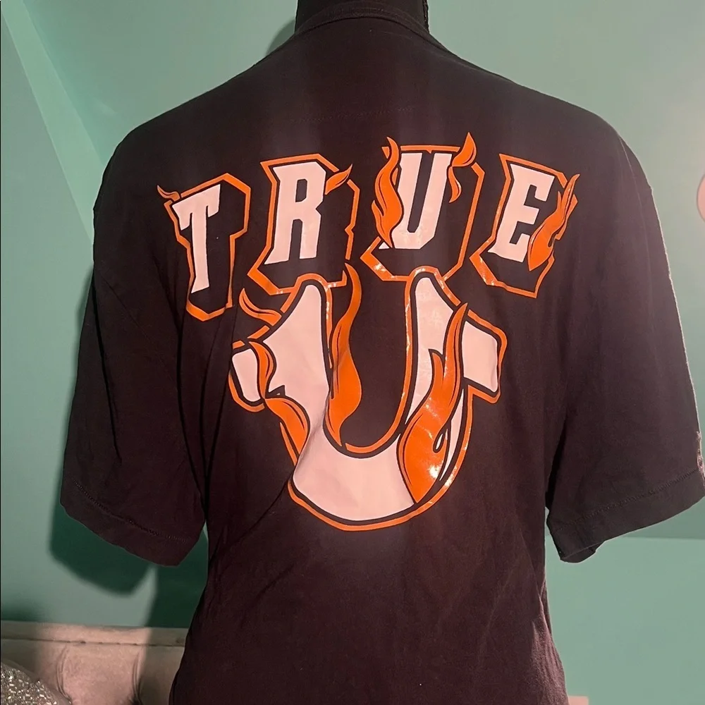 True Religion Black Tee with Orange Logo